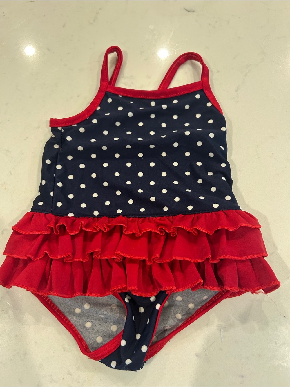 Carter's Navy Polka Dot One-Piece Swimsuit with Red Ruffle Skirt